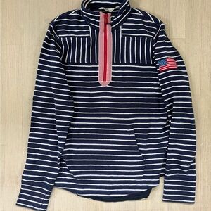 Navy and White Striped Pullover with American Flag Patch. Women’s pullover